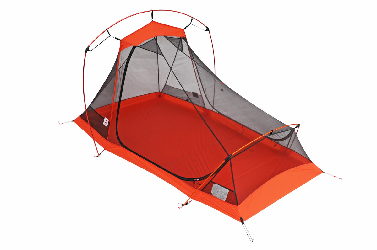 A lightweight orange and gray pole-supported tent with two doors and large vestibules on either end.